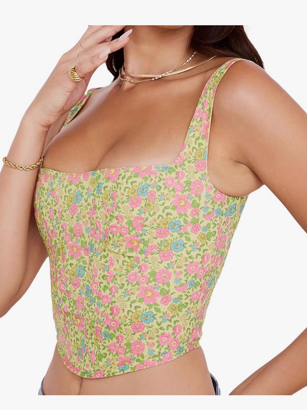 Floral Square-Neck Crop Tank Top - Yellow Pink